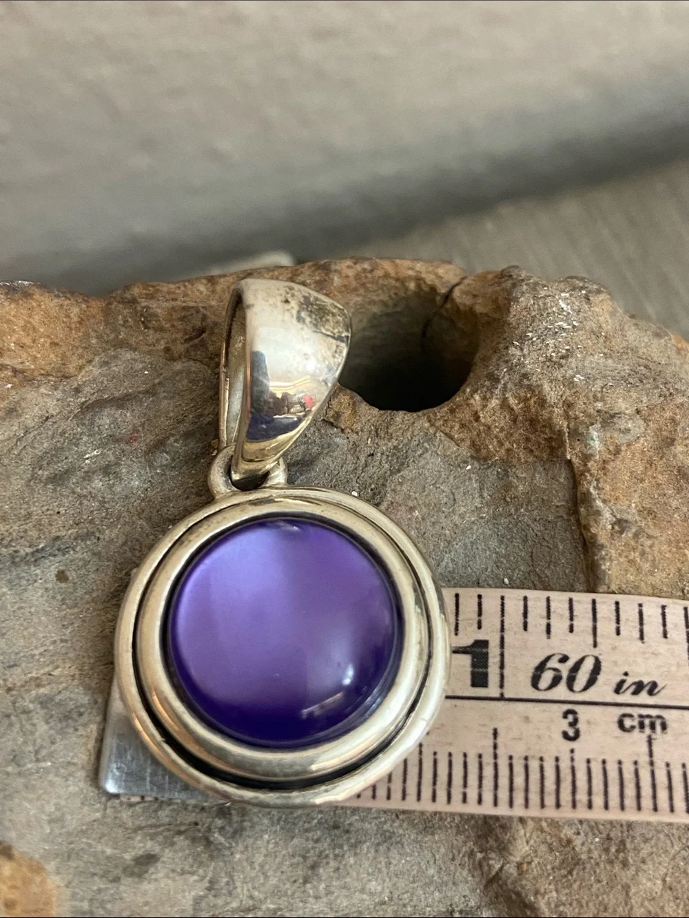 Vintage 80s Purple Acrylic Cabochon Set in Silver Round Pendant